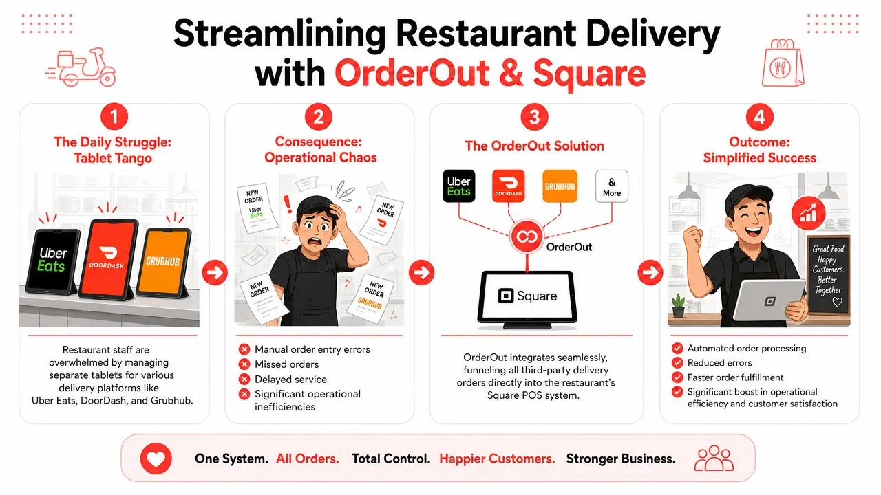 An infographic showing how OrderOut integrates various delivery platforms like Uber Eats into a single Square POS system.