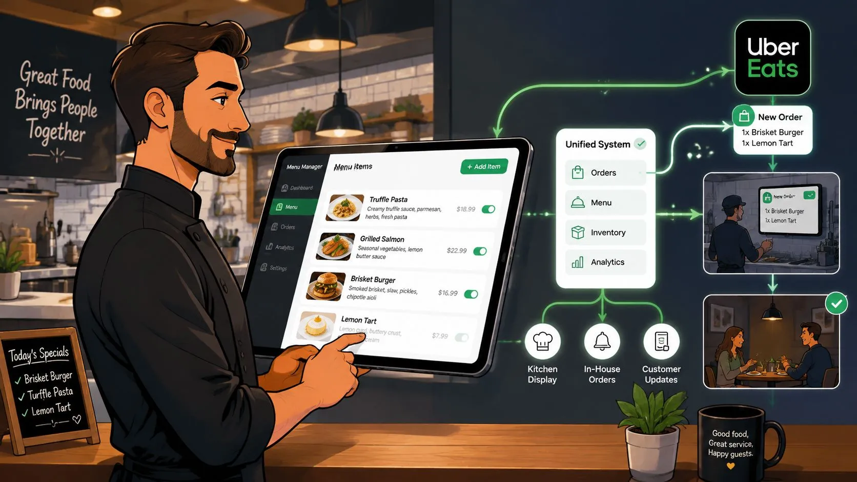 A restaurant manager using a digital tablet to manage Uber Eats orders integrated with their restaurant system.