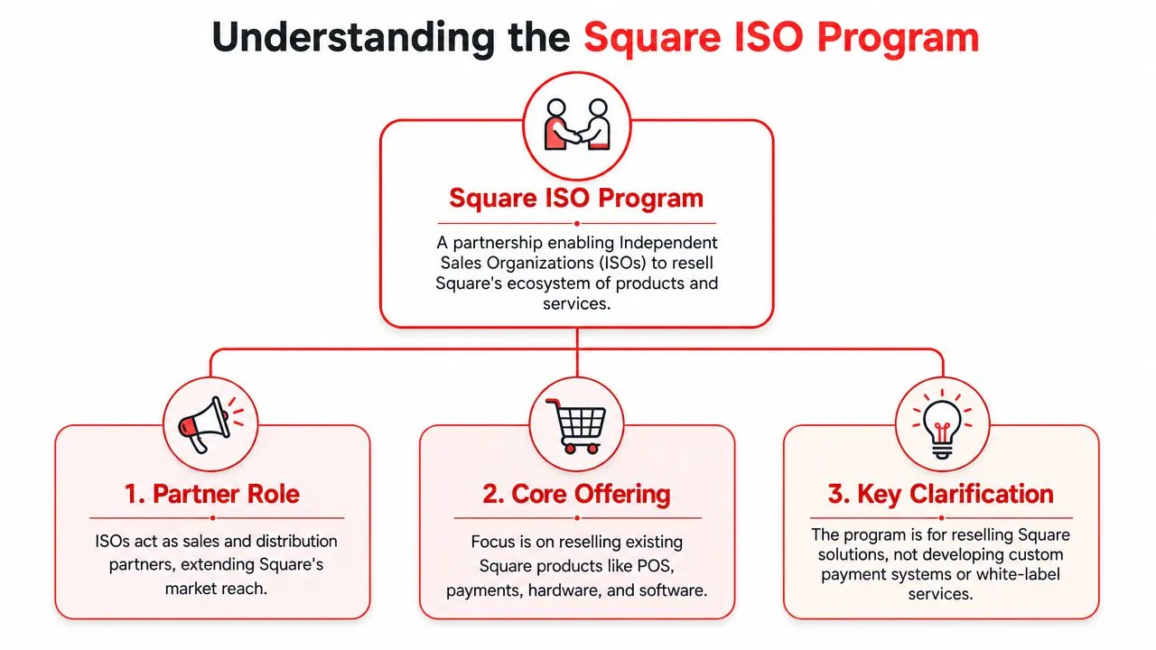 A diagram explaining the Square ISO program, highlighting the partner role, core offerings, and key clarifications.