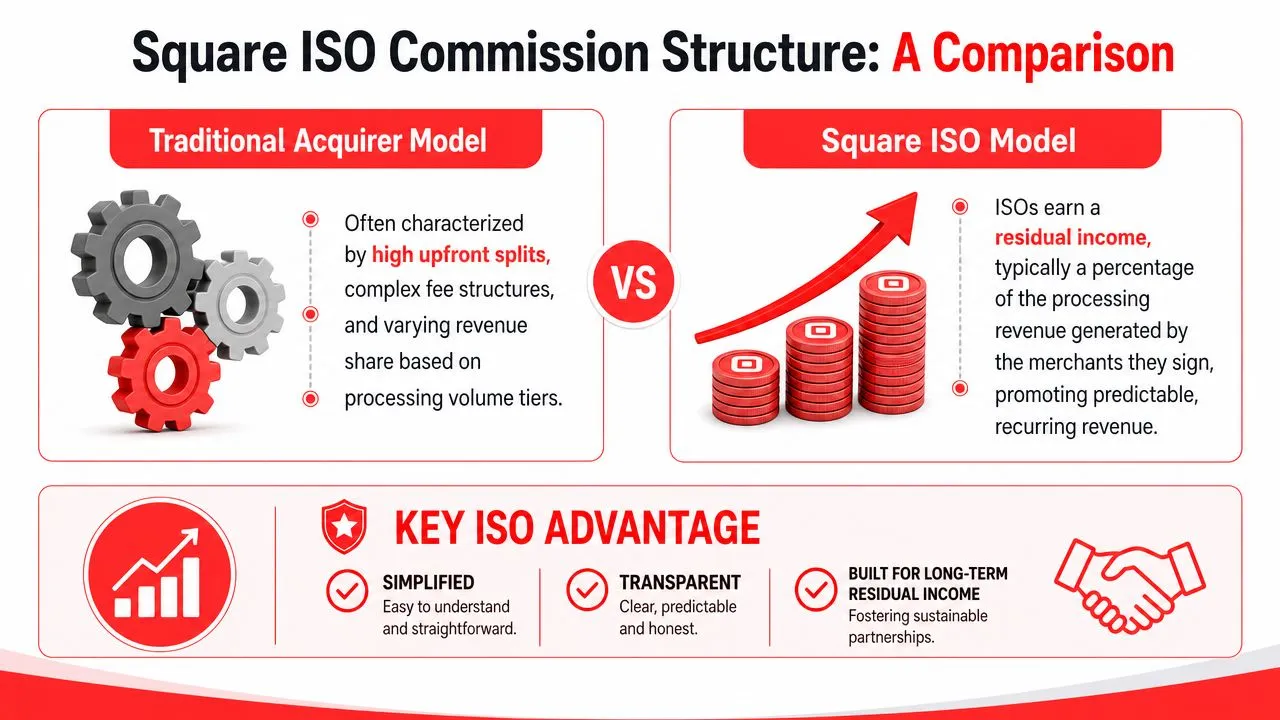 A comparative infographic illustrating the differences between traditional acquirer models and the Square ISO commission structure.