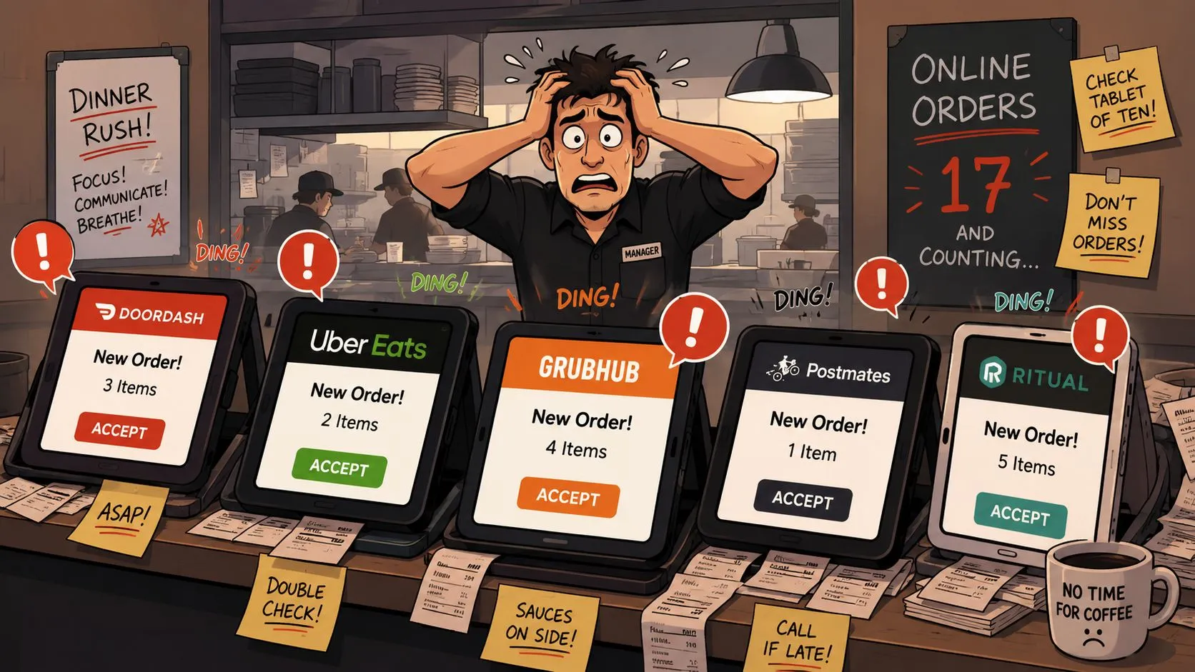 A stressed restaurant manager overwhelmed by multiple delivery service tablets during a busy dinner rush shift.