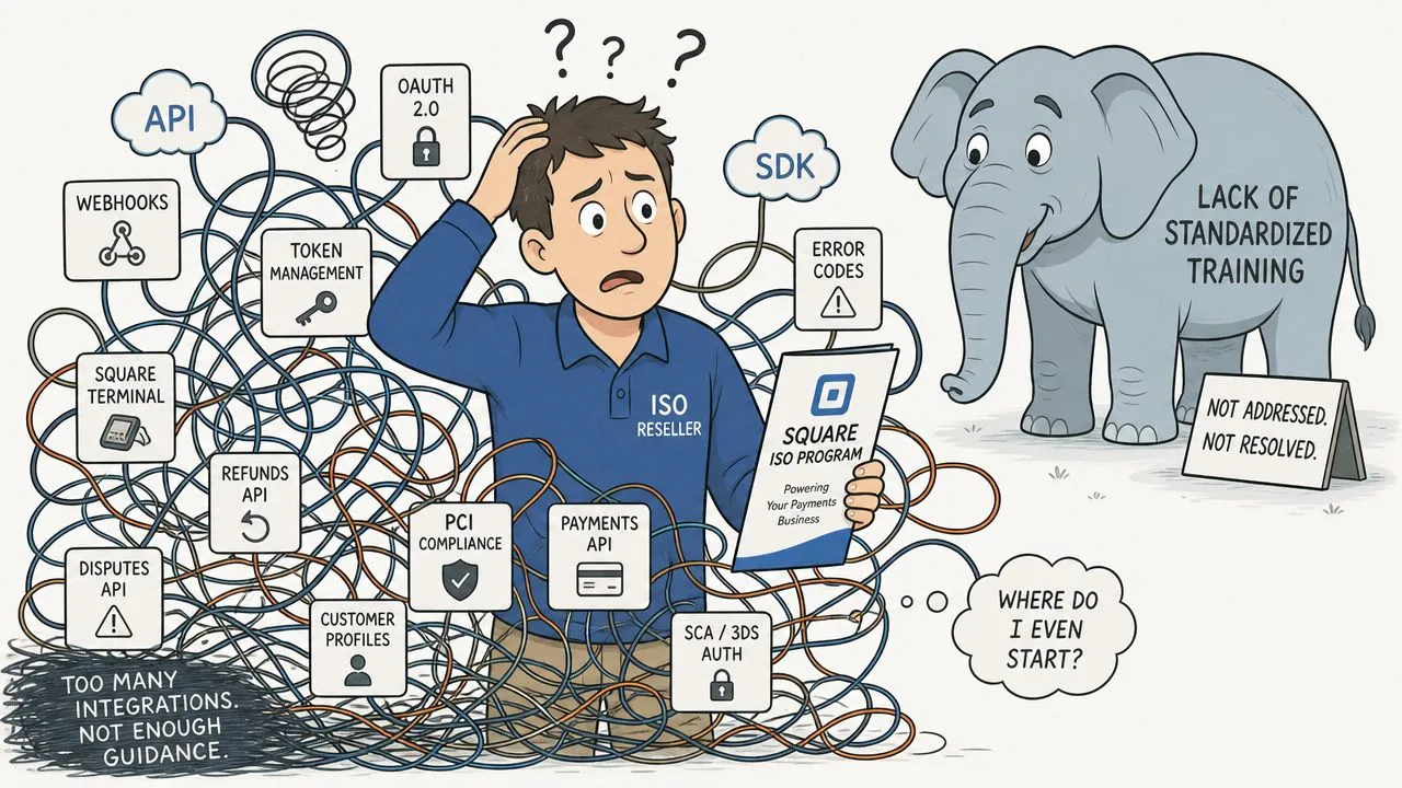A confused ISO reseller tangled in complex Square payment integrations, facing the elephant in the room.